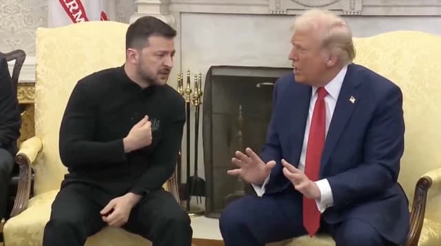 Volodymyr Zelensky, President of Ukraine, looking at Donald Trump, former U.S. President, who is speaking.