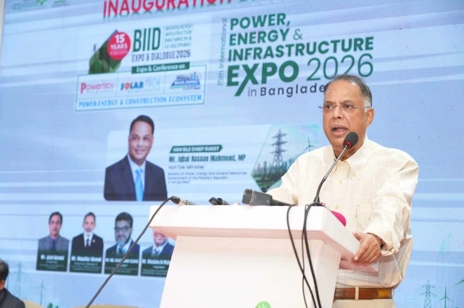 Iqbal Hasan Mahmud speaking at the Power, Energy, and Infrastructure Expo inauguration.