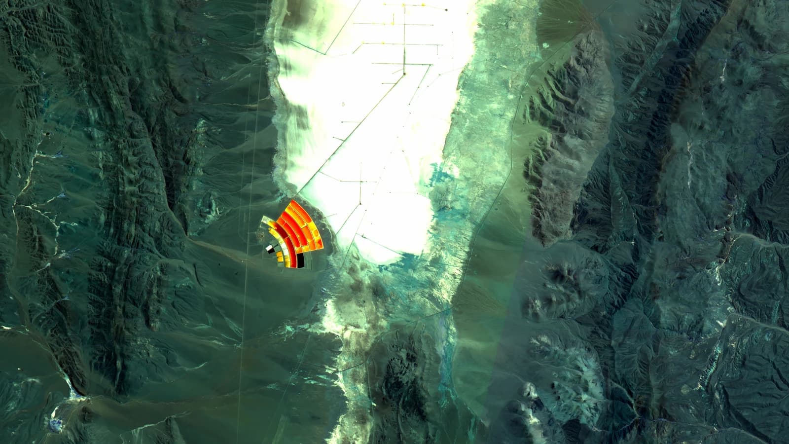 Aerial view of Salar de Olaroz, a lithium brine operation in Jujuy, Argentina.