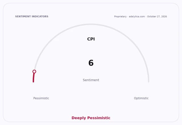 CPI sentiment gauge dial showing a reading of 6, indicating deeply pessimistic sentiment.