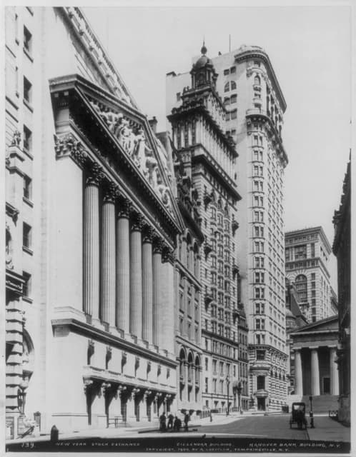 Exterior view of the New York Stock Exchange, Gillendar Building, and Hanover Bank Building.