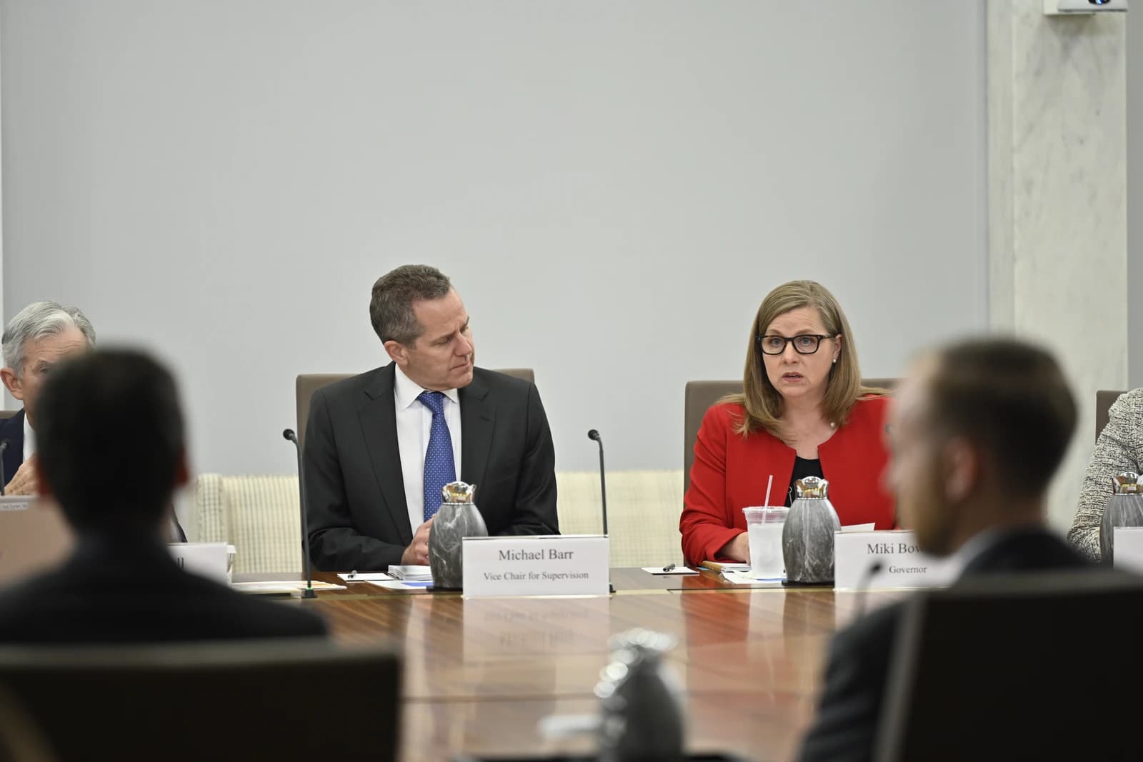 Federal Reserve Vice Chair Michael Barr and Governor Miki Bowman at an open meeting.