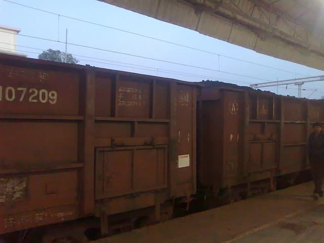 Coal boxcar on a railway track at Shahdol station in India.