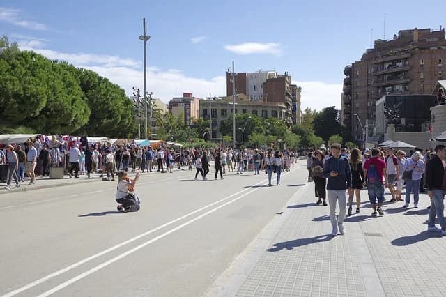 Crowd of people walking along a street lined with trees and buildings in a city.