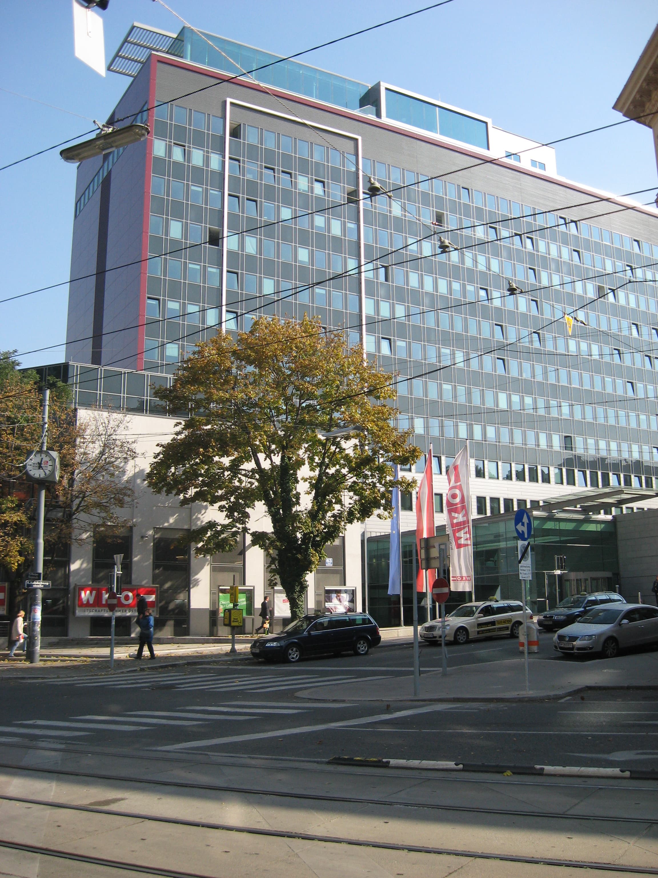 Exterior view of the Wirtschaftskammer Österreich building in Vienna, Austria.
