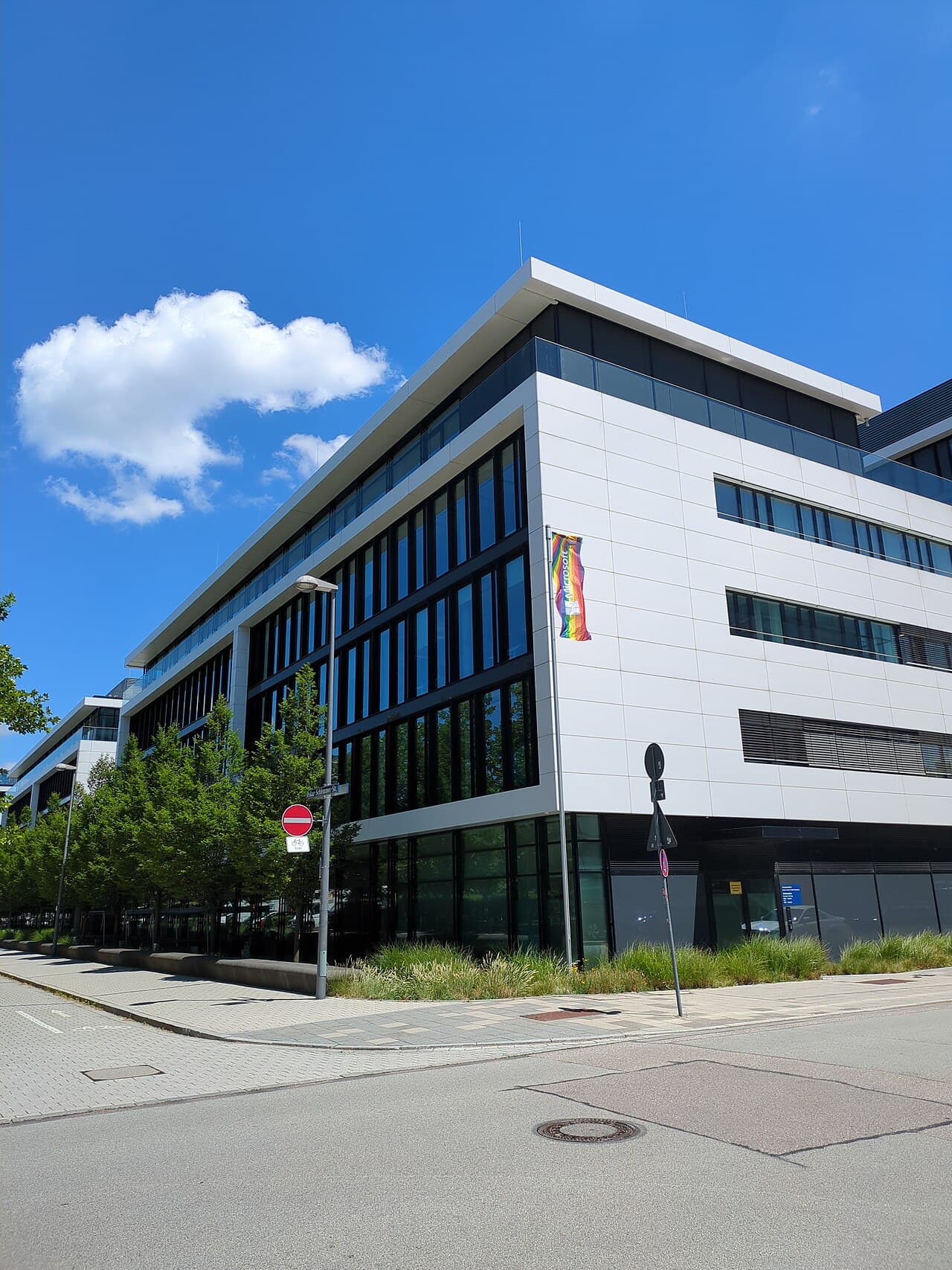 Exterior view of the modern Microsoft headquarters building in Munich, Germany.