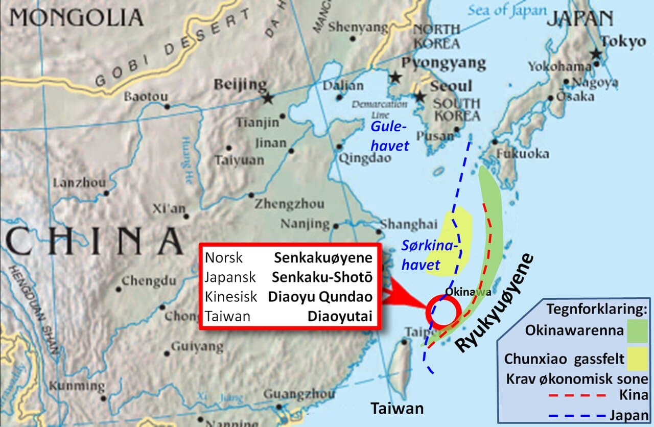 Geopolitical map of East Asia highlighting the Senkaku/Diaoyu Islands dispute between China and Japan.